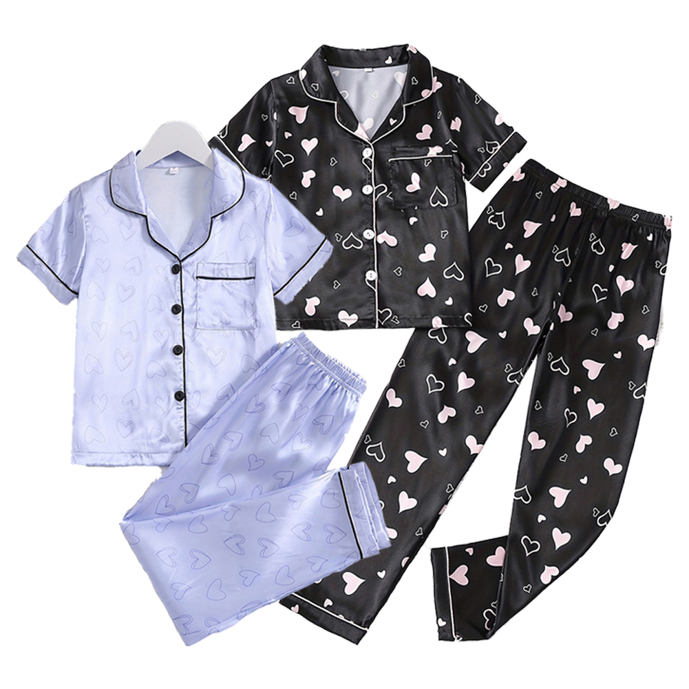 YTDSCS 2PCS Kids Girls Satin Pajamas Set for Spring Fall Silk Sleepwear Short Sleeve Jammies Button-Down Nightwear Kids Lapel Pjs for Girls 8-12 Years Old